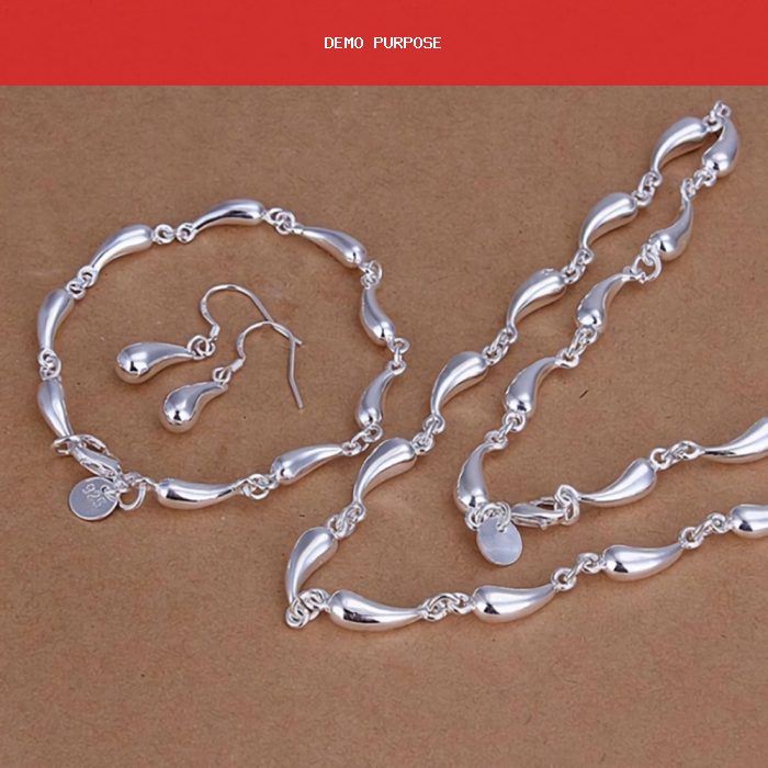 Water Drops Chain Necklace Bracelet Earring Set 925 Sterling Silver 18 Inch Chain For Women Wedding Jewelry
